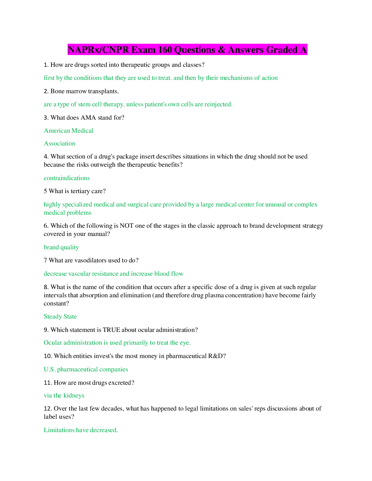 Preview of NAPRx/CNPR Exam 160 Questions & Answers Graded A